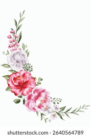 Watercolor Crescent Floral Arrangement: Pink, Red, and White Peonies with Greenery