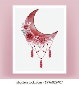 Watercolor Crescent moon in red shade with rose burgundy