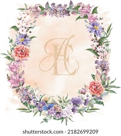 Watercolor crest wild flower frame Hand drawn template. Unique trendy stylish painted wedding AE initial based letter icon logo