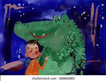 watercolor crocodile and boy, vector illustration