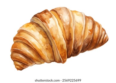 Watercolor croissant illustration, delicious baked pastry, golden brown color, food art, culinary design.