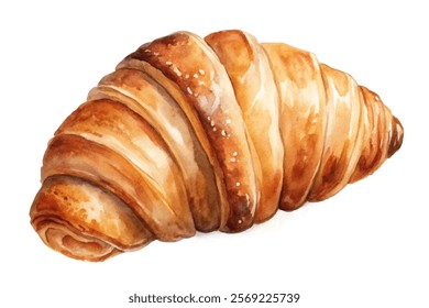 Watercolor croissant illustration, delicious pastry, golden brown texture, bakery art, food design, culinary delight.