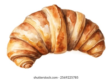 Watercolor croissant illustration, delicious pastry, golden brown layers, bakery art, food design, culinary decor.