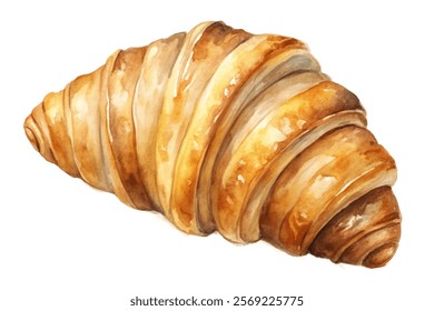 Watercolor croissant illustration, fresh baked pastry, golden brown texture, breakfast food art, delicious pastry design.