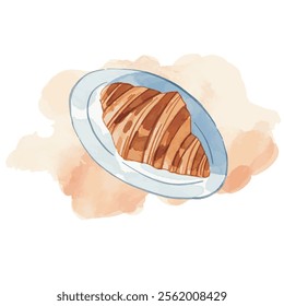 Watercolor croissant in plate. Vector watercolor croissant with watercolor splash, for bakery, cafe menu, label and packaging.