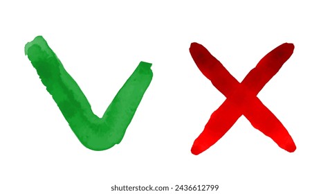 Watercolor cross and check mark. Vector clipart isolated on white background.
