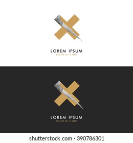 Watercolor Cross logo design.Hand drawn Template for invitation,backgrounds,banner,label,cover with Place for Text.Trendy colors.Contemporary,Hipster style.Vector illustration.Isolated on white,black