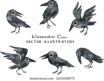 Aquarell Crow Kollektion an anderer Position. Vektorelement geeignet für Halloween-Themenprojekt, Karten, Ständer, Aufkleber und Einladung.