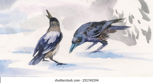Watercolor crows on snow vector illustration