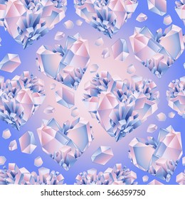 Watercolor crystals in the shape of heart. Vector Valentine day seamless pattern