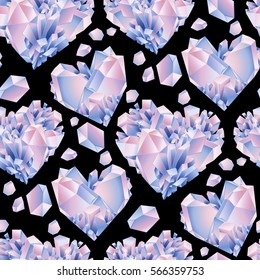 Watercolor crystals in the shape of heart. Vector Valentine day seamless pattern