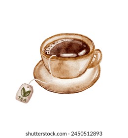 Aquarelltasse aus schwarzem Tee, Teetasse aus dem Hintergrund herausgeschnitten isolierte Vektorgrafik, Handzeichnung nicht KI