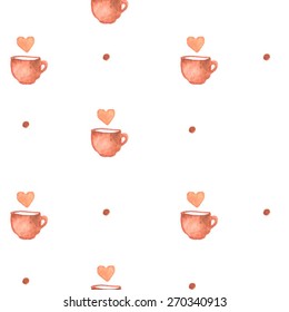 watercolor cup and heart seamless pattern. coffee cup. heart smoke. lovely pattern with cup and heart. scrapbooking elements. napkin pattern