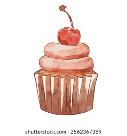 Watercolor Cupcake  with cherry on top . Watercolor vector illustration for shop and bakery menu, decoration, postcard