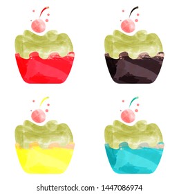 Watercolor cupcake with cream and cherries. Cupcake in Burgundy confectionery paper form. Vector illustration. Illustration for cooking site, menus, books.