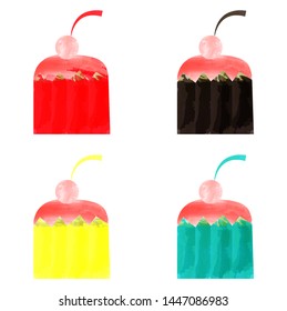 Watercolor cupcake with cream and cherries. Cupcake in Burgundy confectionery paper form. Vector illustration. Illustration for cooking site, menus, books.