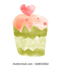 Watercolor cupcake with cream and cherries. Cupcake in Burgundy confectionery paper form. Vector illustration. Illustration for cooking site, menus, books.