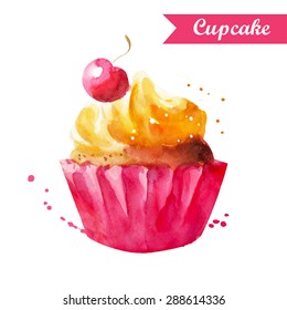 Watercolor cupcake with cream and cherries. Cupcake in Burgundy confectionery paper form. Vector illustration.  Illustration for cooking site, menus, books.