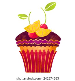 Watercolor cupcake with fruits closeup isolated on a white background