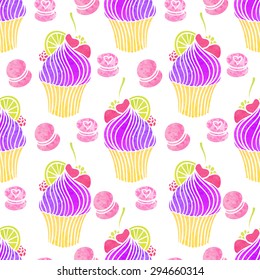 Watercolor cupcake pattern. Vector sweet food seamless background.