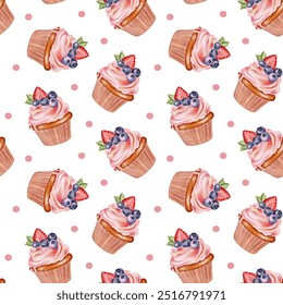 Watercolor Cupcake seamless pattern for packaging, fabric, design, simple flat vector illustration