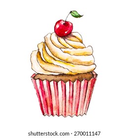 Watercolor cupcake. Vector illustration.