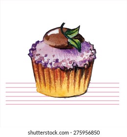 Watercolor cupcakes. Hand drawn, retro style. Vector illustration.