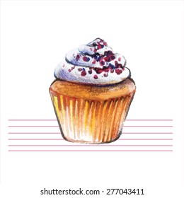 Watercolor cupcakes. Hand drawn, retro style. Vector illustration.