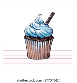 Watercolor cupcakes. Hand drawn, retro style. Vector illustration.