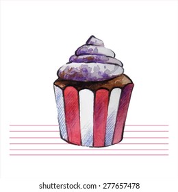 Watercolor cupcakes. Hand drawn, retro style. Vector illustration.