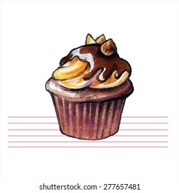 Watercolor cupcakes. Hand drawn, retro style. Vector illustration.