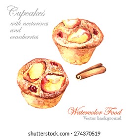 Watercolor cupcakes with nectarines. Watercolor.Vector illustration. Illustration for greeting cards, invitations, and other printing projects.