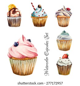 Watercolor cupcakes set with different type of cupcakes: strawberry, blueberry, chocolate. citrus, raspberry. Isolated. Easy to use for different design of menu, advertisement, cafe etc