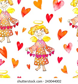 Watercolor Cupid with hearts. Watercolor pattern. Angel with a garland of hearts. Valentine'S Day.Vector.