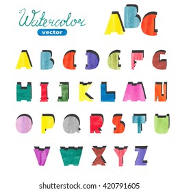 Watercolor cute alphabet. Colorful hand drawn letters for your design. ABC. Vector symbols. 