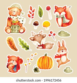 Watercolor cute animal and autumn leaves sticker