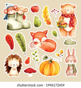 Watercolor cute animal and autumn leaves sticker