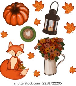 Watercolor cute animal and autumn leaves sticker