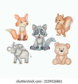 Watercolor cute animal cartoon set clip art illustration Bohemian boho
