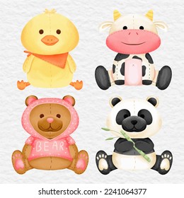 watercolor cute animal doll and kids toy element collection