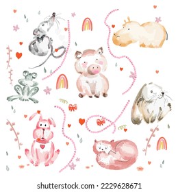 watercolor cute animals.vector isolated image on a white background. toys for children. mouse, hippo, frog, cat, dog, pig, rabbit