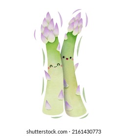 Watercolor cute asparagus  cartoon character. Vector illustration.