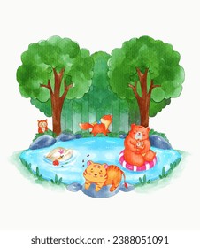 Watercolor cute baby animals cartoon with nature.