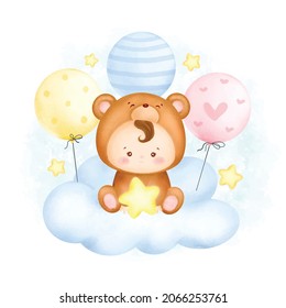 Watercolor cute baby bear character sitting on the cloud 