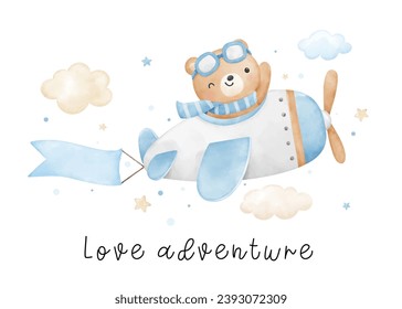 Watercolor cute baby bear flying on airplane For nursery kids Birthday party boy Print for invitation card Poster Template