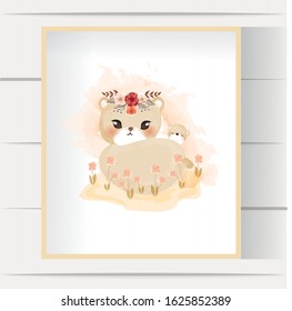 Watercolor cute baby bear illustration with flower . Suitable for souvenirs, book covers, wall frames, stickers, shirt designs. 