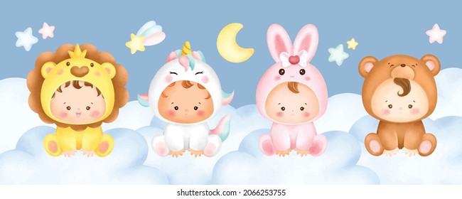 Watercolor cute baby character sitting on the cloud background 