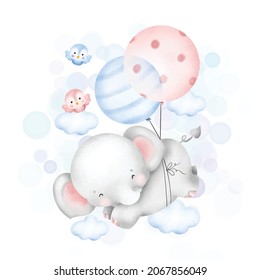 Watercolor cute baby elephant flying with balloon 