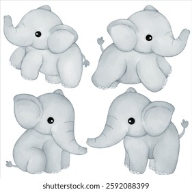 Watercolor Cute Baby Elephant Illustration Set - Hand-Painted, Adorable, Realistic - Playful Elephant, Wildlife Animal, Safari Theme, Vector Illustration