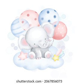 Watercolor cute baby elephant sitting on the cloud 